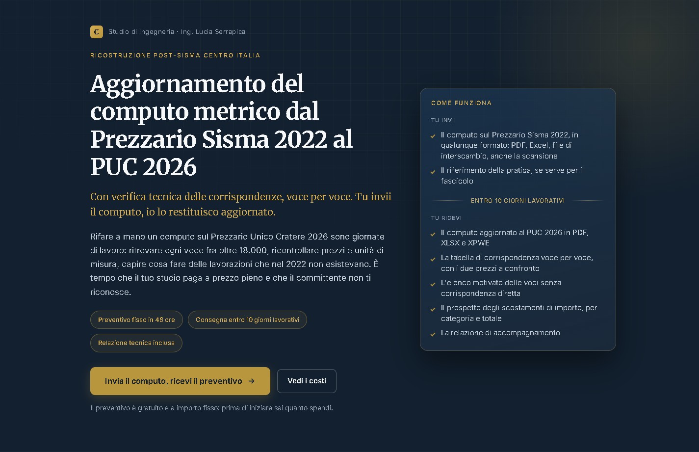 La pagina del servizio di aggiornamento del computo metrico dal Prezzario Sisma 2022 al PUC 2026 per la ricostruzione post-sisma del Centro Italia