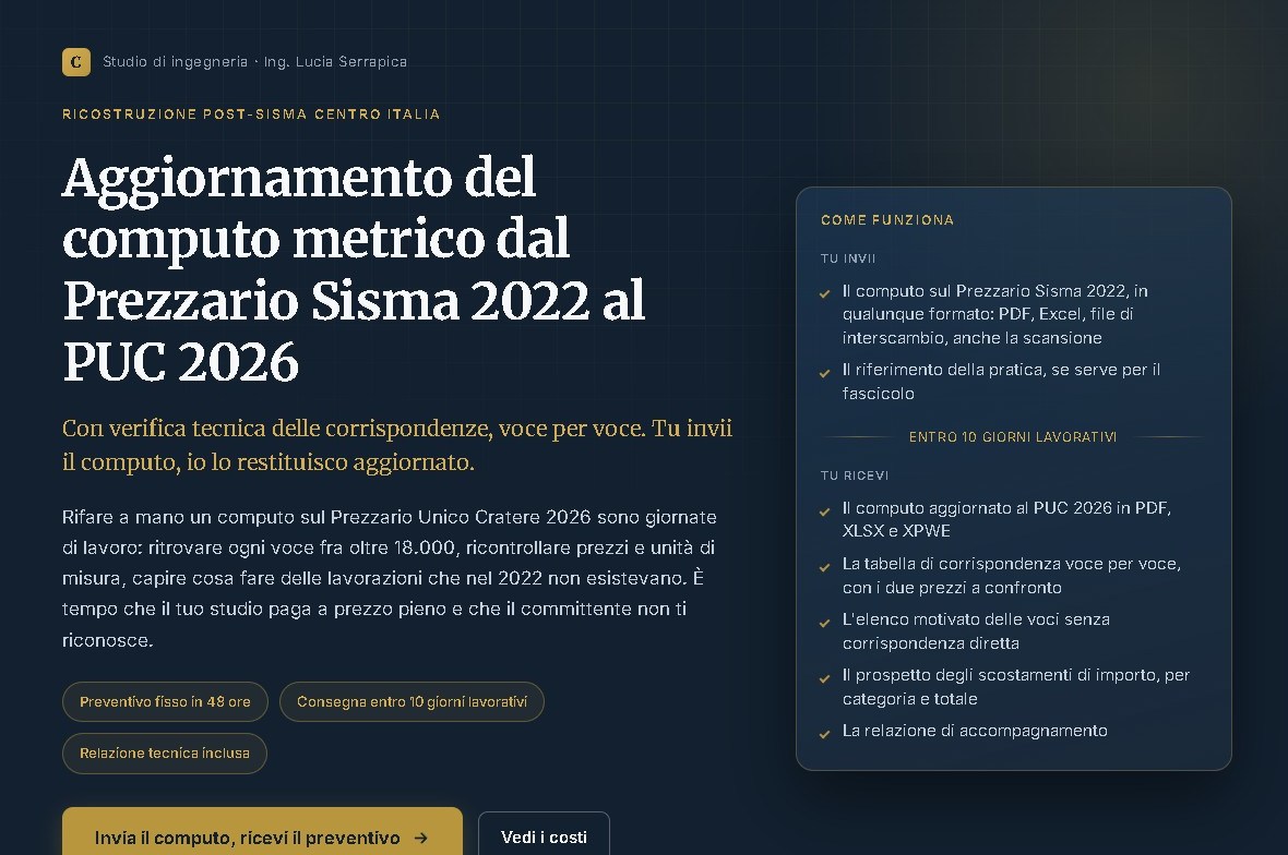 La pagina del nuovo servizio di aggiornamento del computo metrico dal Prezzario Sisma 2022 al PUC 2026