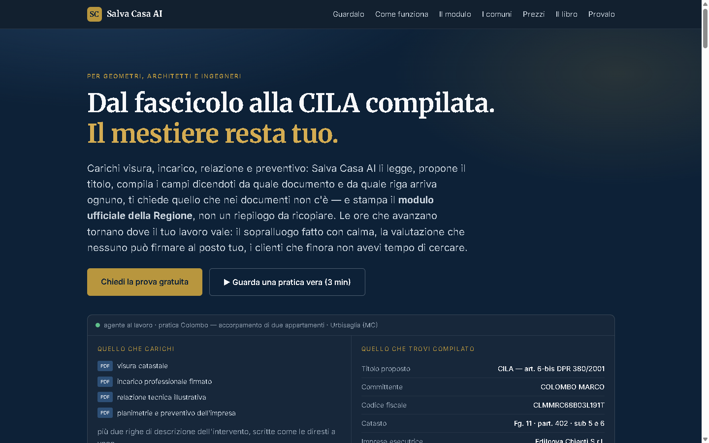 Schermata di Salva Casa AI: il fascicolo caricato a sinistra e il modulo compilato con citazione del documento a destra