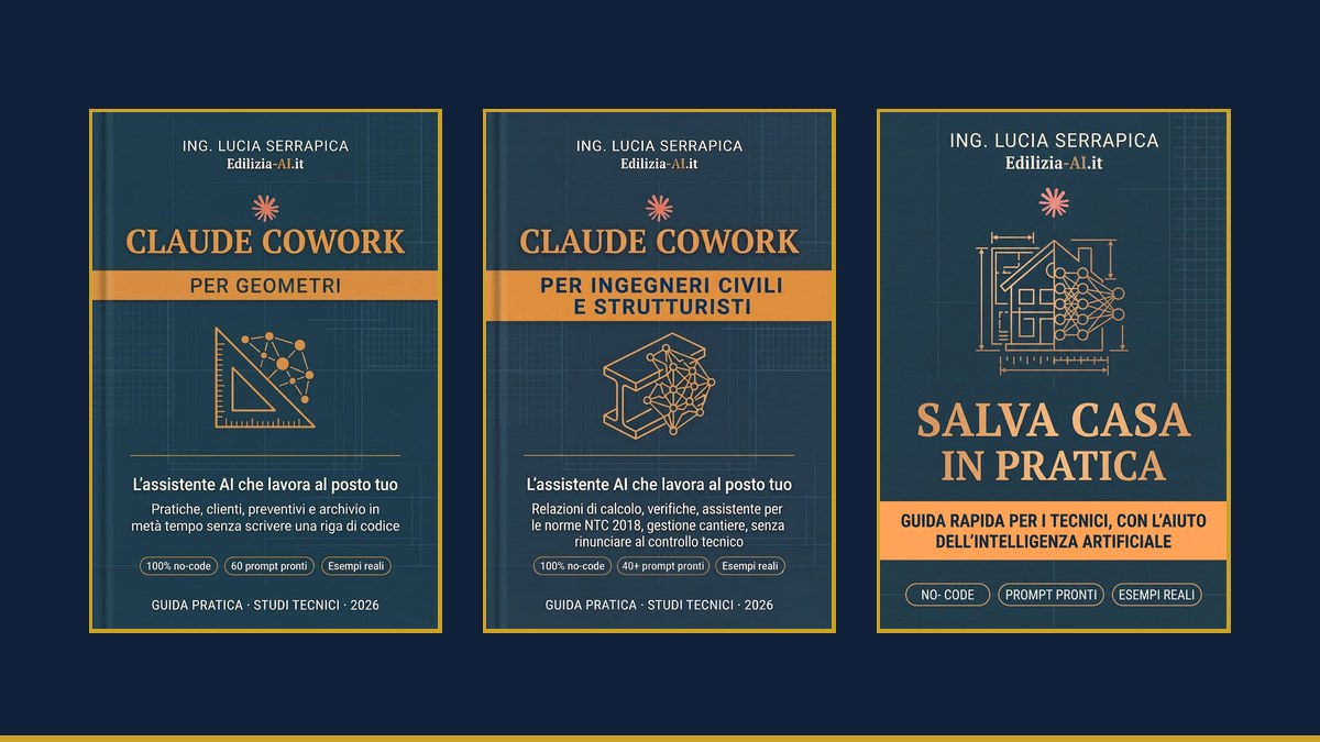 I tre volumi della collana AI per i Tecnici: Claude Cowork per Geometri, Claude Cowork per Ingegneri Civili e Strutturisti, Salva Casa in pratica